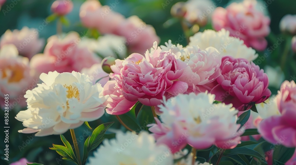 Close up of pink and white peonies in bloom Close up of pink and white peonies in bloom