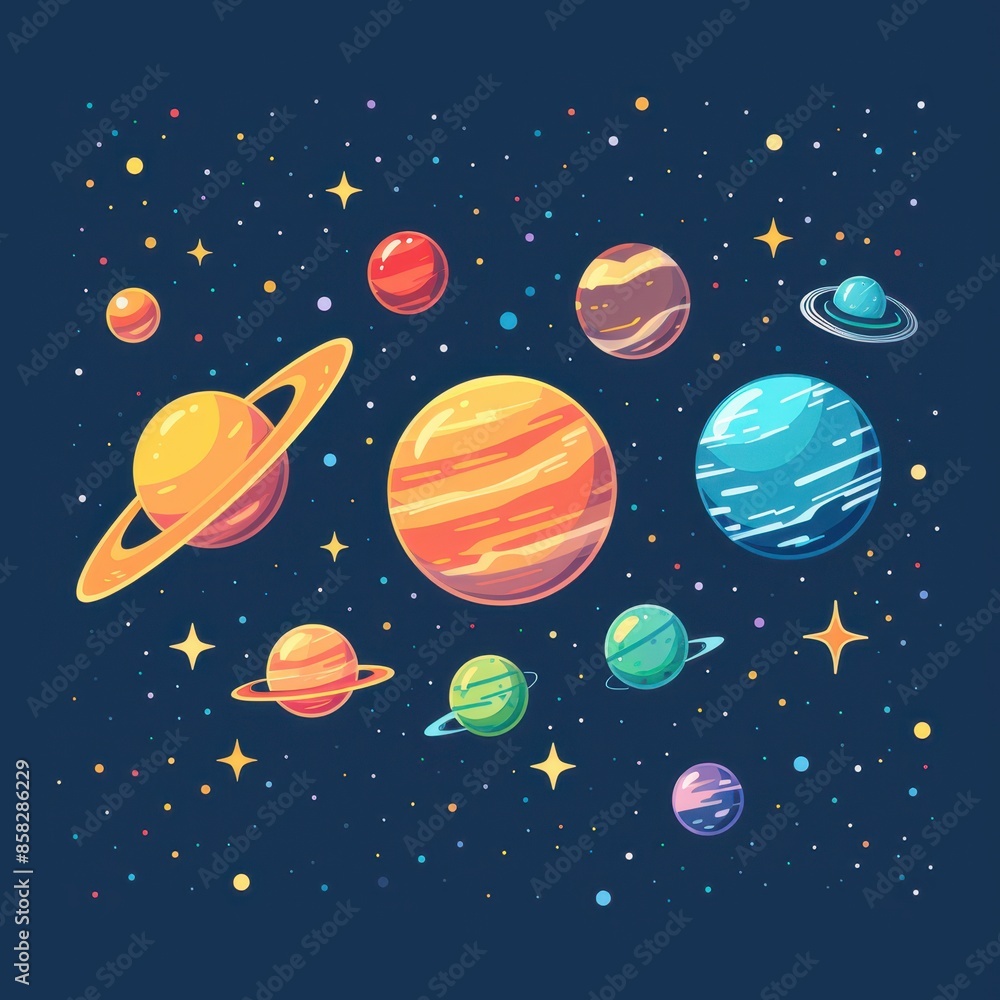 A colorful drawing of the planets in the solar system A colorful drawing of the planets in the solar system