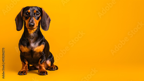 Adorable Black and Tan Dachshund Puppy on Vibrant Yellow Background