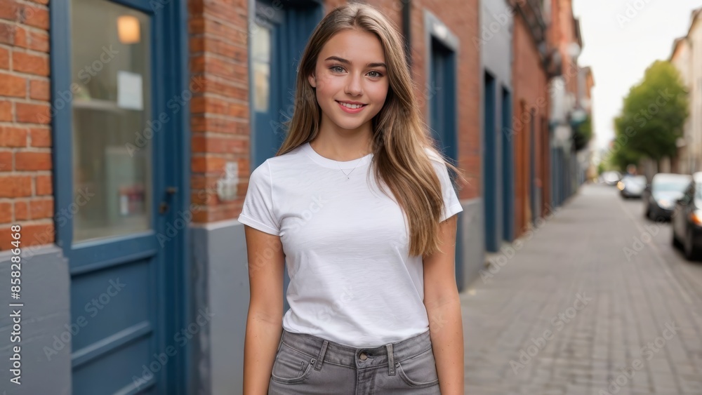 Teenage girl wearing white t-shirt and grey jeans standing in a city alley Teenage girl wearing white t-shirt and grey jeans standing in a city alley