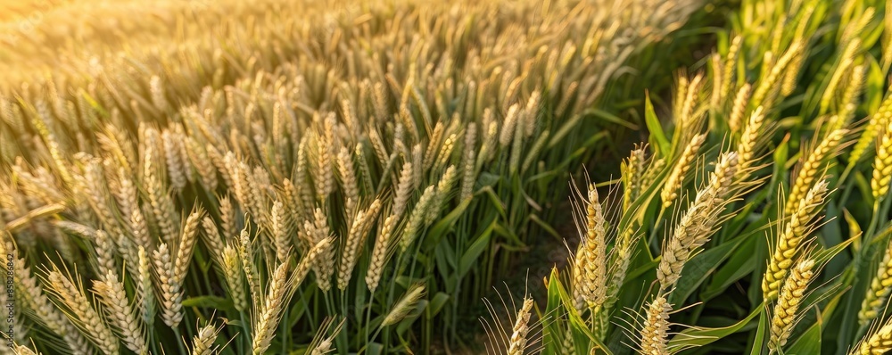 Golden wheat field illuminated by the warm glow of the setting sun, showcasing the rich texture and lush green foliage of the crops. Golden wheat field illuminated by the warm glow of the setting sun, showcasing the rich texture and lush green foliage of the crops.