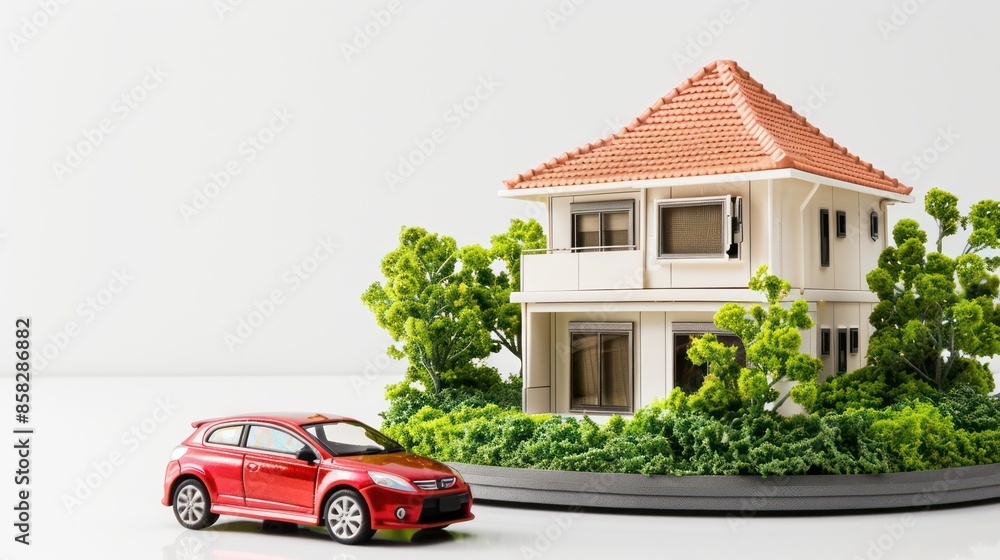 miniature model of a two-story house, accompanied by a red car, set amidst lush green foliage. It's a charming scene showcasing urban planning. miniature model of a two-story house, accompanied by a red car, set amidst lush green foliage. It's a charming scene showcasing urban planning.