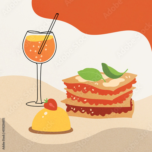 Vector hand painted trandy traditional Italian cuisine: pizza, lasagna pasta illustration Cute flat simple hand drawn icon template for menu posters and social media banners