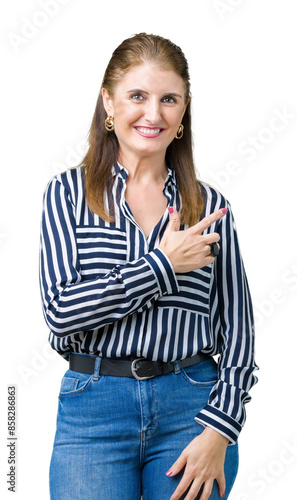 Middle age mature business woman over isolated background cheerful with a smile of face pointing with hand and finger up to the side with happy and natural expression on face