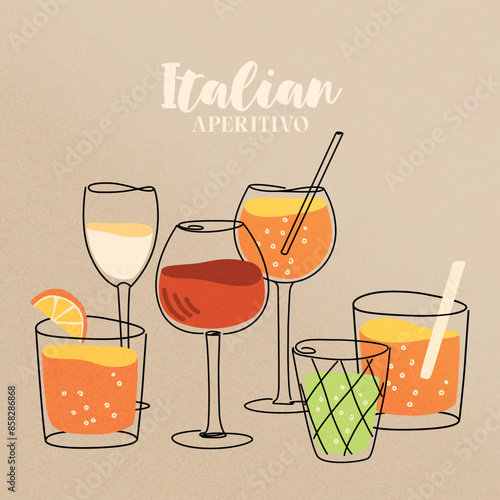 Vector hand painted trandy traditional Italian drinks: wine, prosecco Spritz cocktail illustration Cute flat simple hand drawn icon template for menu posters and social media banners