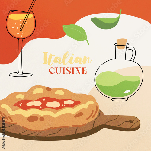 Vector hand painted trandy traditional Italian cuisine: pizza, lasagna pasta illustration Cute flat simple hand drawn icon template for menu posters and social media banners