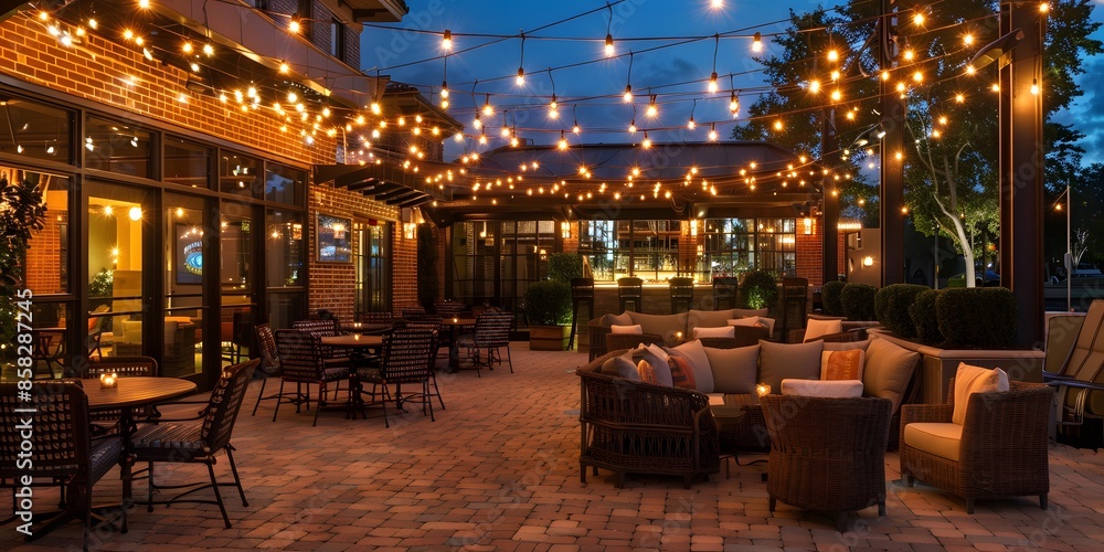 Outdoor Patio with String Lights, Cozy Seating, and Warm Lighting. Perfect for Summer Nights and Relaxing Ambiance Outdoor Patio with String Lights, Cozy Seating, and Warm Lighting. Perfect for Summer Nights and Relaxing Ambiance