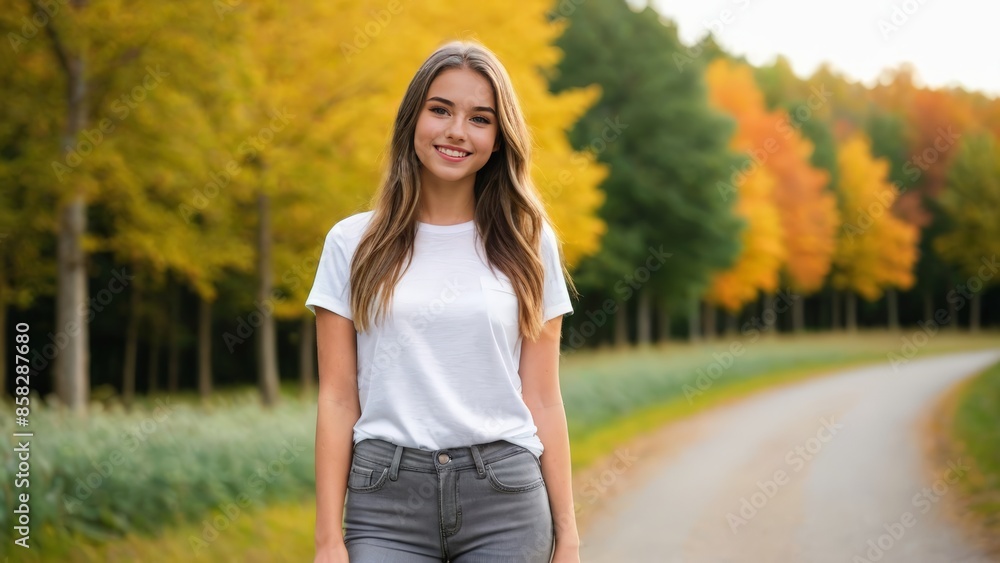 Teenage girl wearing white t-shirt and grey jeans standing in nature Teenage girl wearing white t-shirt and grey jeans standing in nature