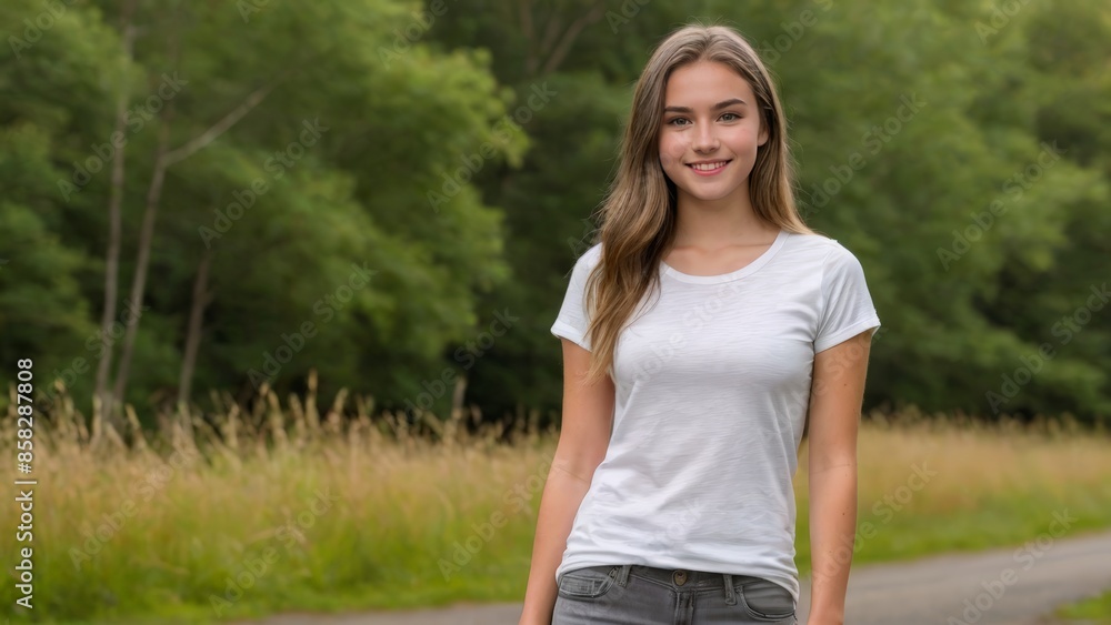 Teenage girl wearing white t-shirt and grey jeans standing in nature Teenage girl wearing white t-shirt and grey jeans standing in nature