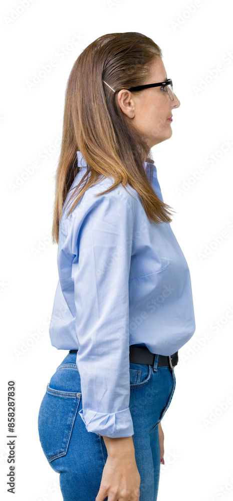Beautiful middle age mature business woman wearing glasses over isolated background looking to side, relax profile pose with natural face with confident smile. Beautiful middle age mature business woman wearing glasses over isolated background looking to side, relax profile pose with natural face with confident smile.