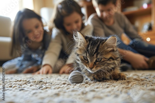 A family room with a playful kitten chasing a ball of yarn while the family watches with smiles and laughter Showing the joy and entertainment pets bring to a household photo