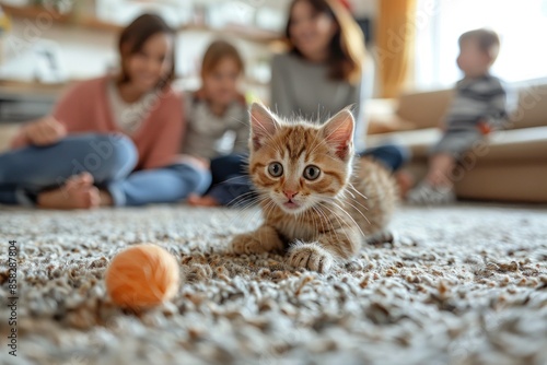 A family room with a playful kitten chasing a ball of yarn while the family watches with smiles and laughter Showing the joy and entertainment pets bring to a household photo