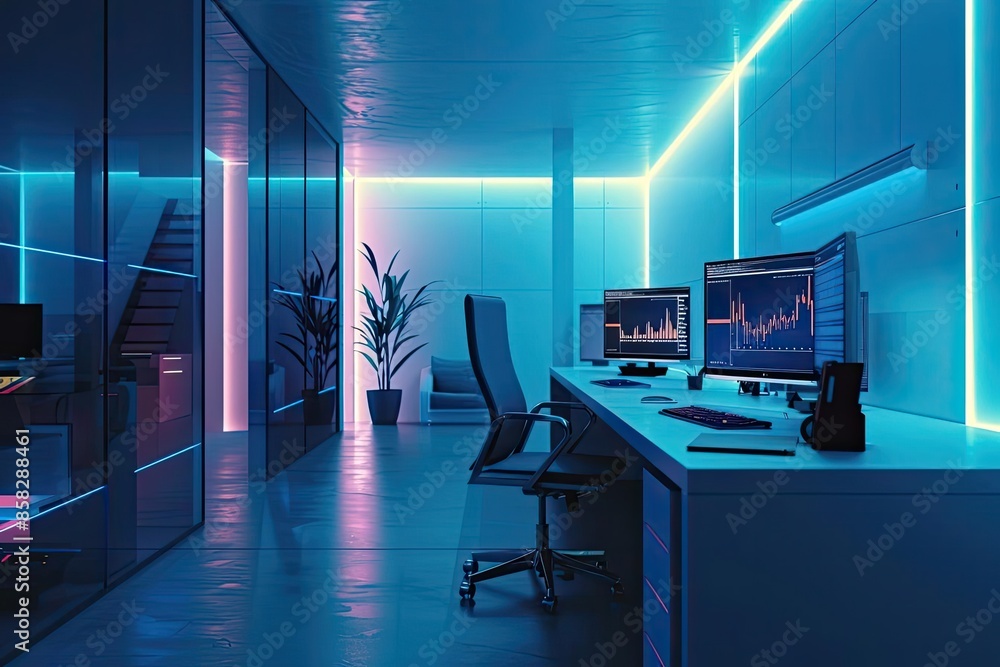 Modern office with neon lighting and multiple computer monitors displaying data charts, creating a futuristic work environment. Modern office with neon lighting and multiple computer monitors displaying data charts, creating a futuristic work environment.