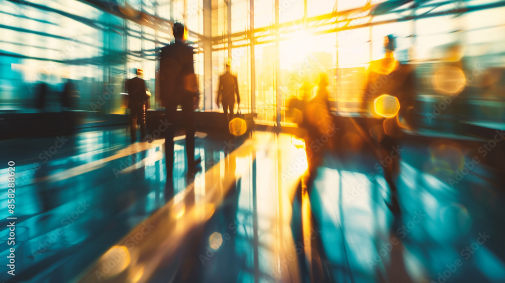 Blurred image of people walking in the lobby of the airport. Blurred image of people walking in the lobby of the airport.