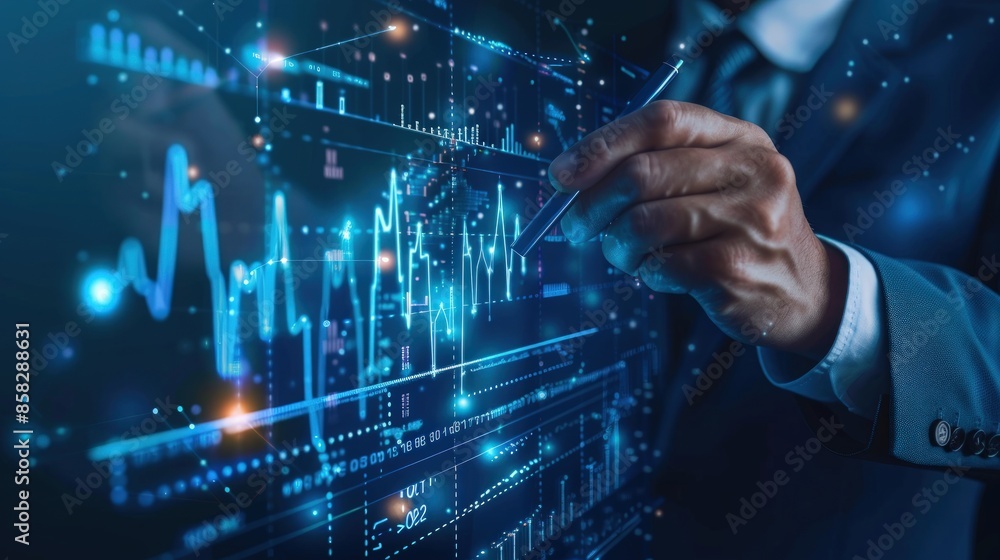 A man is drawing a graph on a computer screen with a pen. Generate AI image A man is drawing a graph on a computer screen with a pen. Generate AI image
