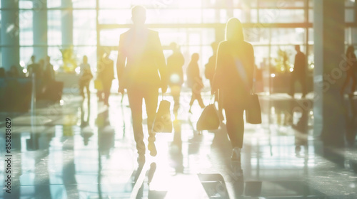 Blurred image of people walking in the lobby of the airport.