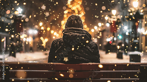 A man sits on a bench and looks at a Christmas tree in the snow