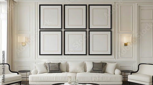 An elegant living room with an off-white wall, showcasing six empty black frames in a grid pattern.