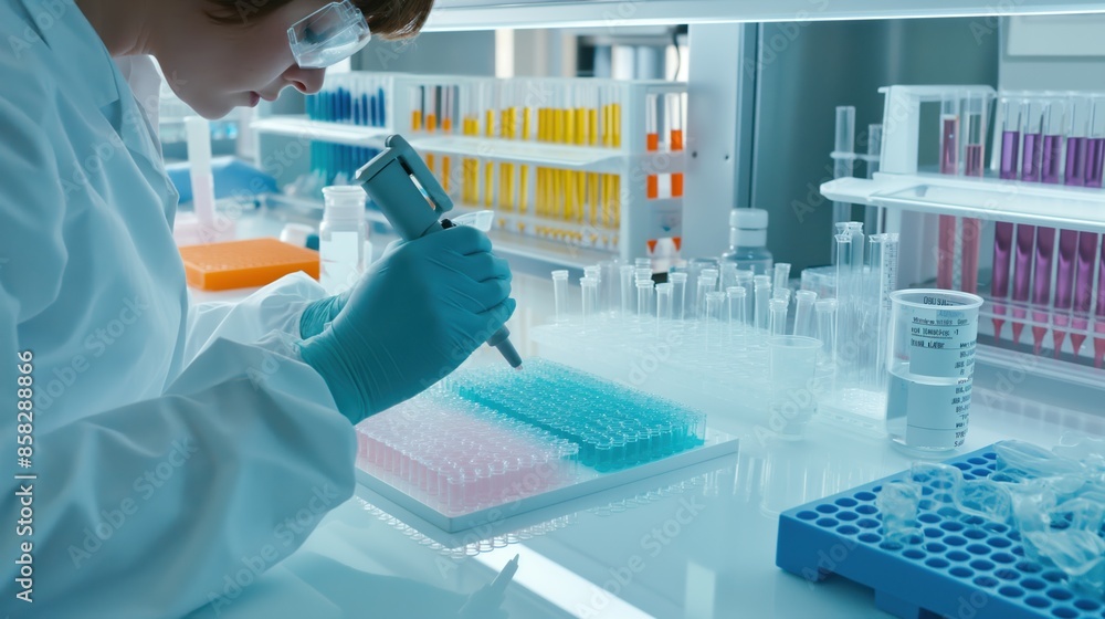 a researcher working with samples in a medical laboratory. a researcher working with samples in a medical laboratory.