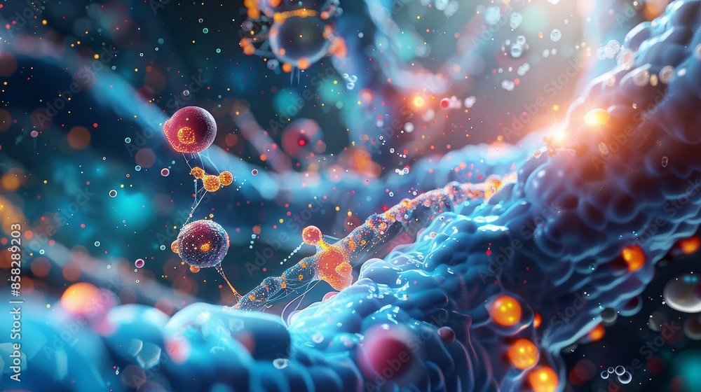 A conceptual image of a hormone molecule interacting with a receptor on a cell membrane, highlighting the process of cellular signaling and communication within the body. A conceptual image of a hormone molecule interacting with a receptor on a cell membrane, highlighting the process of cellular signaling and communication within the body.