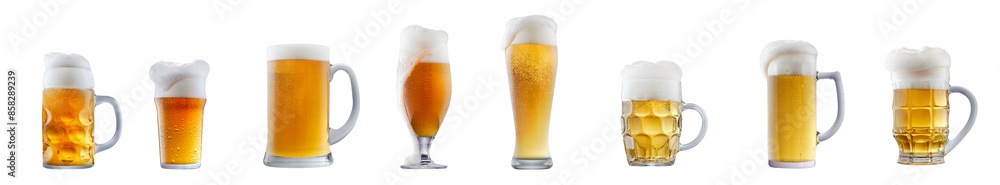 Set of beer cocktails with foam isolated on white background Set of beer cocktails with foam isolated on white background