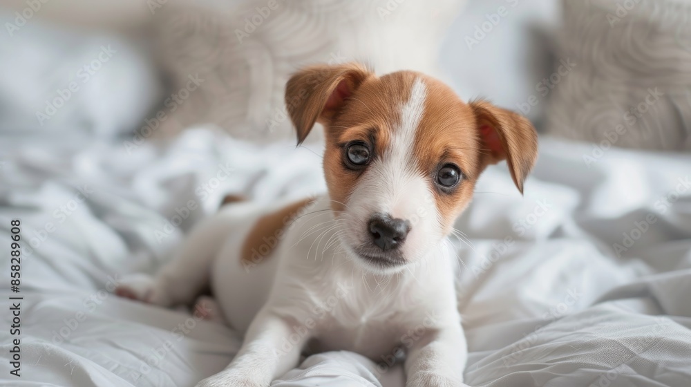 Cute Jack Russell puppy with folded ears small two months old on bed close up Cute Jack Russell puppy with folded ears small two months old on bed close up
