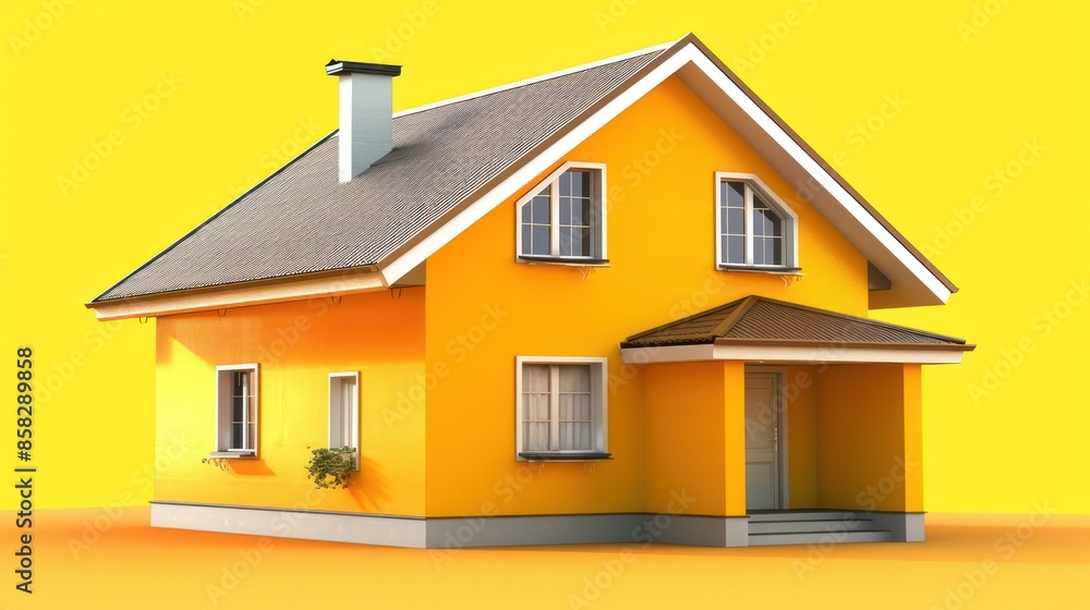 A charming bright yellow house featuring white trim, a gray roof, multiple windows, a chimney, and a small porch, all set against a vivid yellow background in daylight.