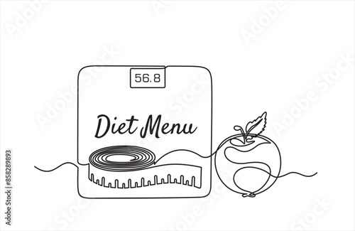 Continuous one line drawing of Measure tape, weighing scale and apple. Diet menu. Healthy eating and dieting, line art concept.