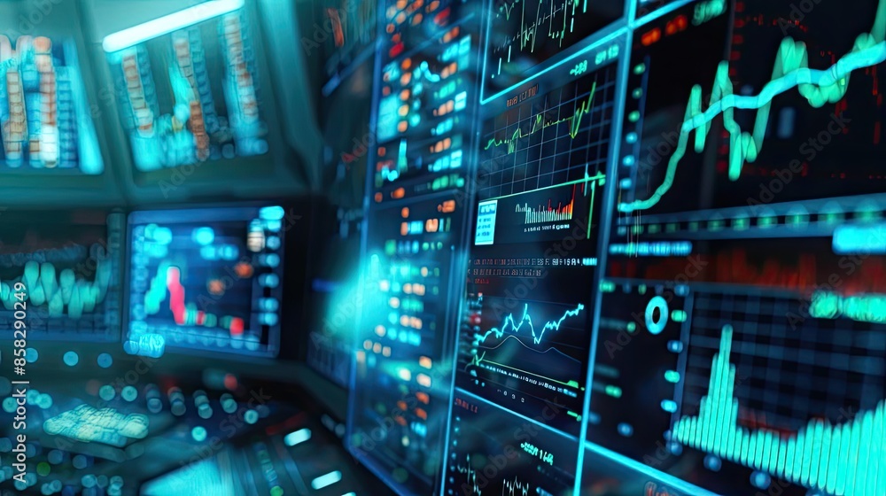 Close-up of financial trading graphs and stock market data on a computer screen, illustrating the concept of financial analysis and market trends. Close-up of financial trading graphs and stock market data on a computer screen, illustrating the concept of financial analysis and market trends.
