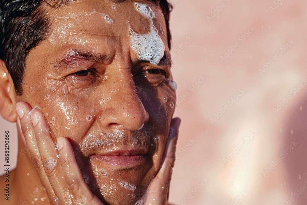 Middle-aged Latino man applies cleansing foam to his face on a pink background. Middle-aged Latino man applies cleansing foam to his face on a pink background.