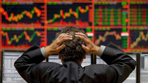 A stressed stock trader holding his head in front of multiple stock market screens with fluctuating graphs and numbers. photo