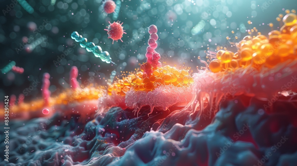 A macro shot of a cell membrane, with molecules moving in and out through protein channels, showcasing cellular metabolism and transport processes. A macro shot of a cell membrane, with molecules moving in and out through protein channels, showcasing cellular metabolism and transport processes.