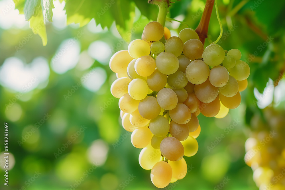 Close-up of a bunch of grapes hanging on a vine in natural light Close-up of a bunch of grapes hanging on a vine in natural light