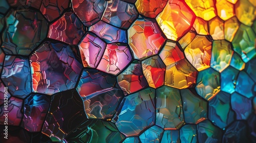A microscopic view of crystalline structures under polarized light, showing colorful, intricate patterns formed by the lattice arrangement of molecules. photo