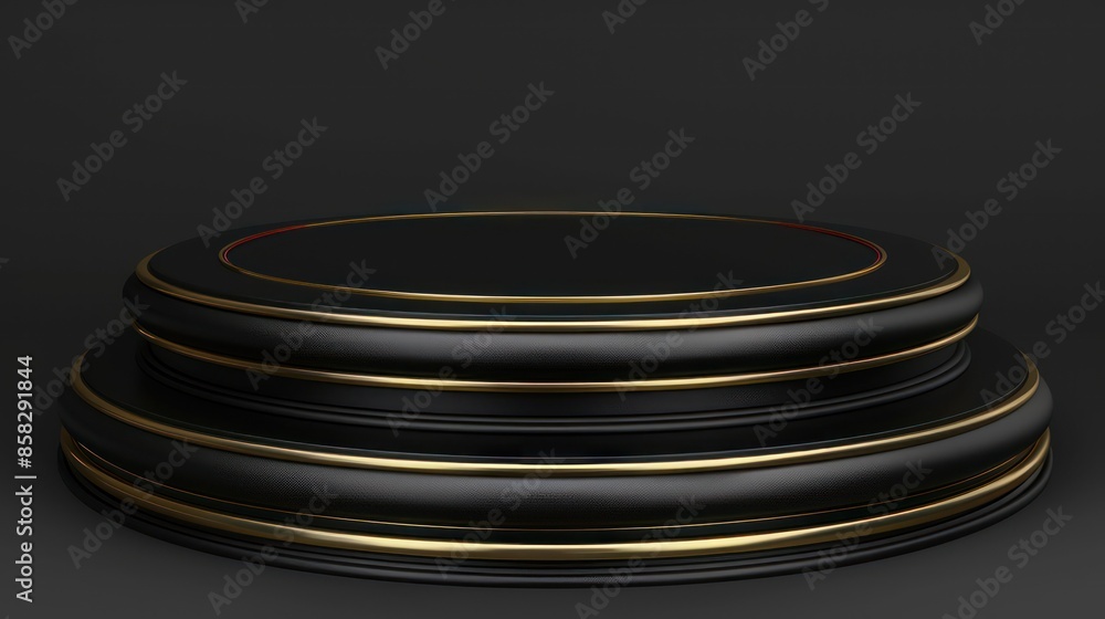 elegant two-tier black and gold podium, showcased on a dark background, designed to highlight and display products or awards. elegant two-tier black and gold podium, showcased on a dark background, designed to highlight and display products or awards.