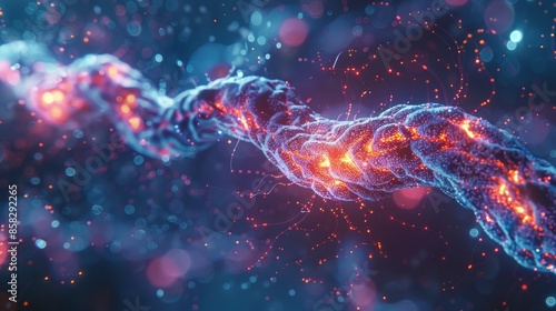 An abstract visualization of a synapse, with electrical signals traveling along the axon and neurotransmitters crossing the synaptic gap, symbolizing the transmission of informatio photo
