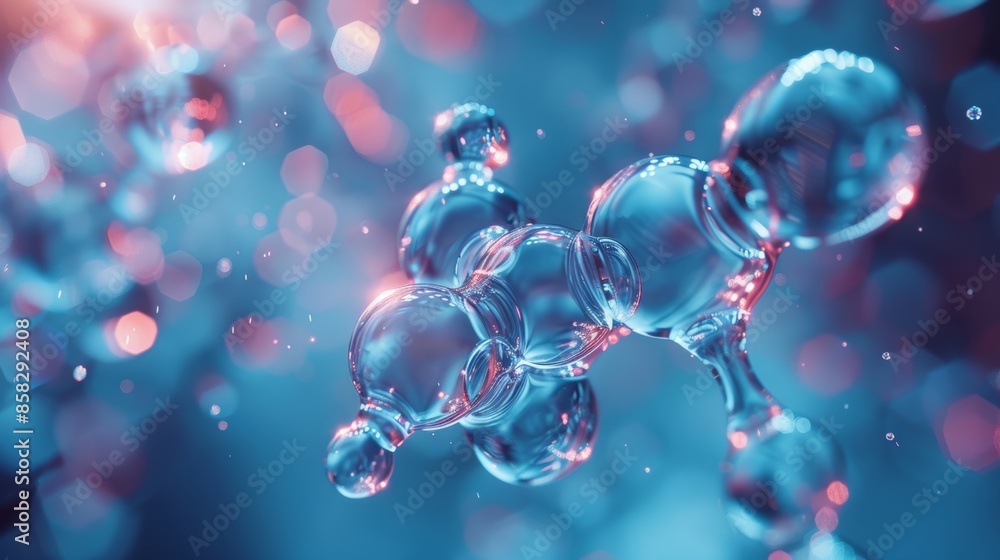 Fototapeta premium An artistic representation of the bonding process between hydrogen and oxygen atoms to form a water molecule, with emphasis on the electron sharing and molecular geometry.