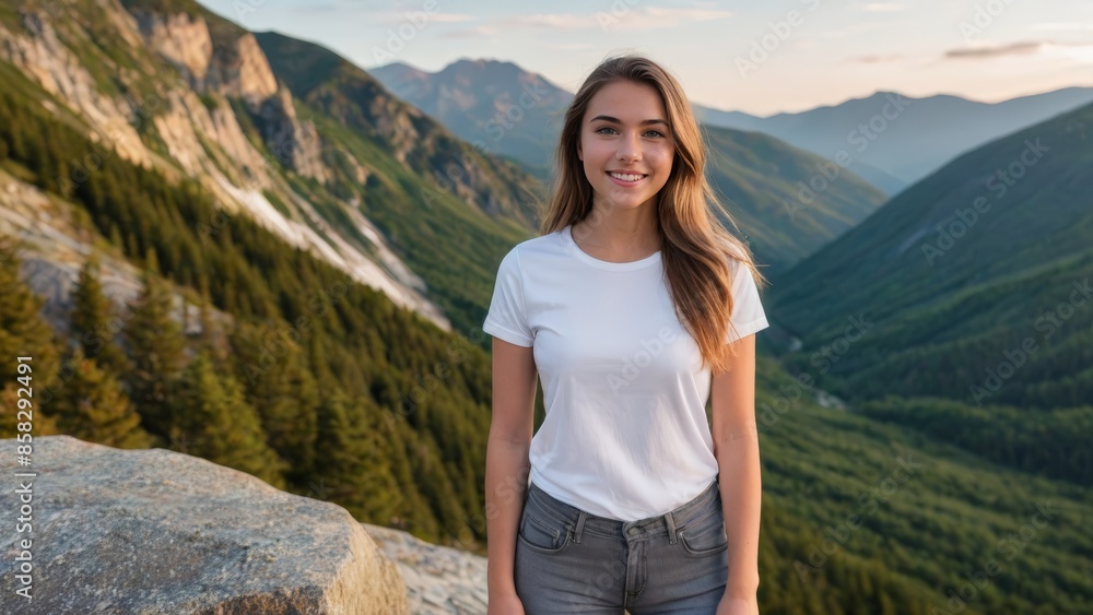 Teenage girl wearing white t-shirt and grey jeans standing on a mountain