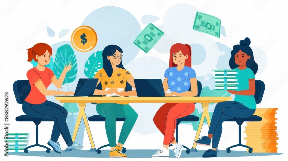 Team of women working together at a desk with laptops, surrounded by money symbols, showcasing teamwork and business finance. Team of women working together at a desk with laptops, surrounded by money symbols, showcasing teamwork and business finance.