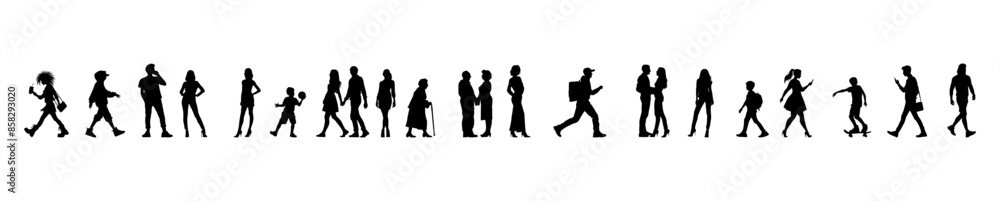 Vector illustration. Large set of black silhouettes of people. People are walking. Vector illustration. Large set of black silhouettes of people. People are walking.