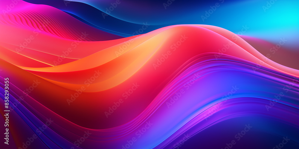 Fototapeta premium Bright waves abstract background. Bright smooth luminous lines background. Liquid fluid decorative horizontal banner. Digital raster bitmap illustration. AI artwork.