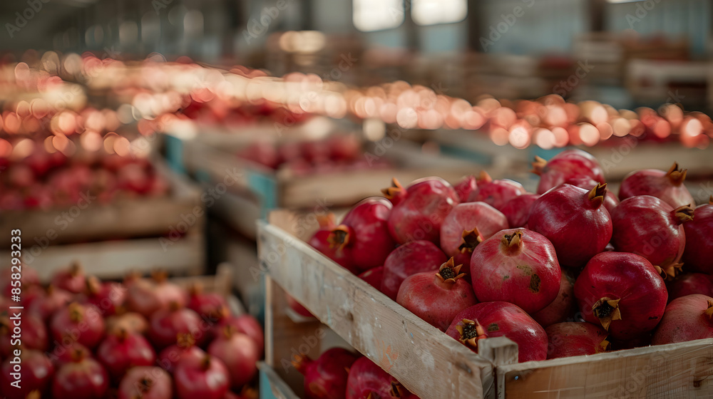Pomegranates harvested in wooden boxes in a warehouse. Natural organic fruit abundance. Healthy and natural food storing and shipping concept. Pomegranates harvested in wooden boxes in a warehouse. Natural organic fruit abundance. Healthy and natural food storing and shipping concept.