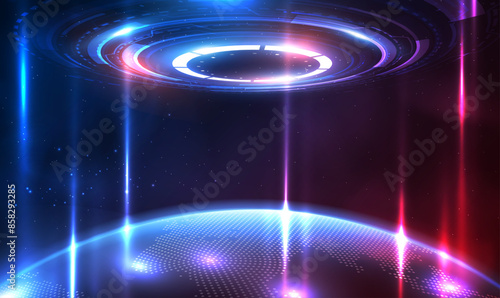 Portal spaceship and Global world map network connection. Hologram science futuristic. Sci-fi digital technology innovation metaverse. Teleport. Warp gate. GUI, UI, 3d virtual reality. Tech Vector.