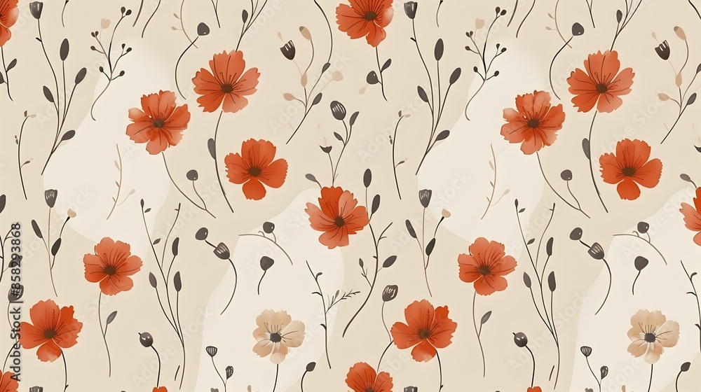 Fototapeta premium Vibrant Floral Pattern with Retro Styled Flowers and Leaves