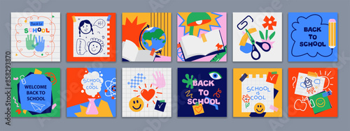 Back to school cards, backgrounds set. Simple flat style education icons, symbols, doodles. Art collage, papers, hand drawn design elements. Bright colorful school subjects conept.