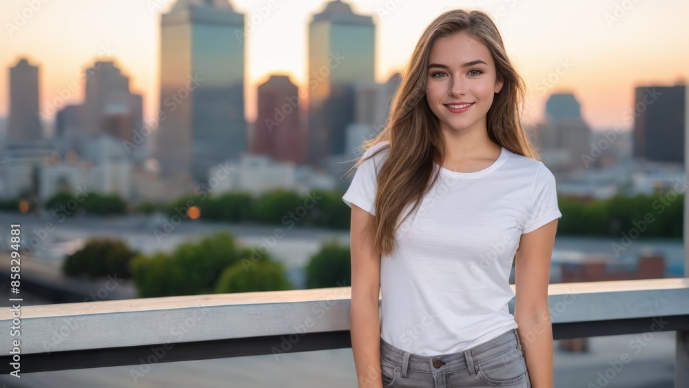 Teenage girl wearing white t-shirt and grey jeans standing on cityscape background Teenage girl wearing white t-shirt and grey jeans standing on cityscape background