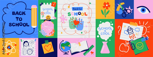 Back to school cards, backgrounds set. Simple flat style education icons, symbols, doodles. Art collage, papers, hand drawn design elements. Bright colorful school subjects conept.