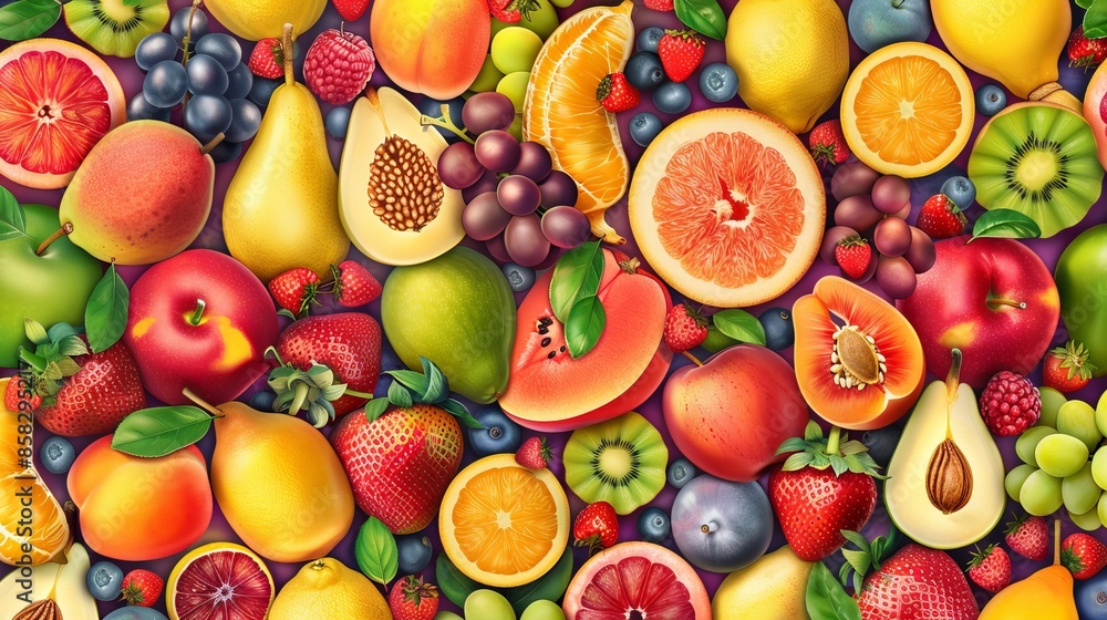 A collection of delicious fruits such as apples, pears, strawberries, oranges, peaches, plums, bananas, watermelons, papayas, grapes, lemons, and berries is arranged in a colorful seamless pattern. A collection of delicious fruits such as apples, pears, strawberries, oranges, peaches, plums, bananas, watermelons, papayas, grapes, lemons, and berries is arranged in a colorful seamless pattern.