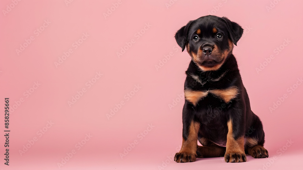 Adorable Rottweiler Puppy Sitting on Pink Background Adorable Rottweiler Puppy Sitting on Pink Background