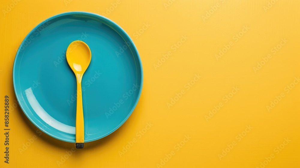 Children s blue plate and spoon on yellow backdrop with gluten free feeding concept Space for text Children s blue plate and spoon on yellow backdrop with gluten free feeding concept Space for text